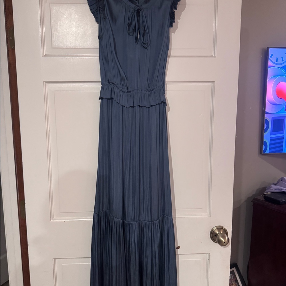 Banana Republic New With Tags Satin Tie Neck Dusk Blue Maxi Dress Size 2 - Picture 4 of 6